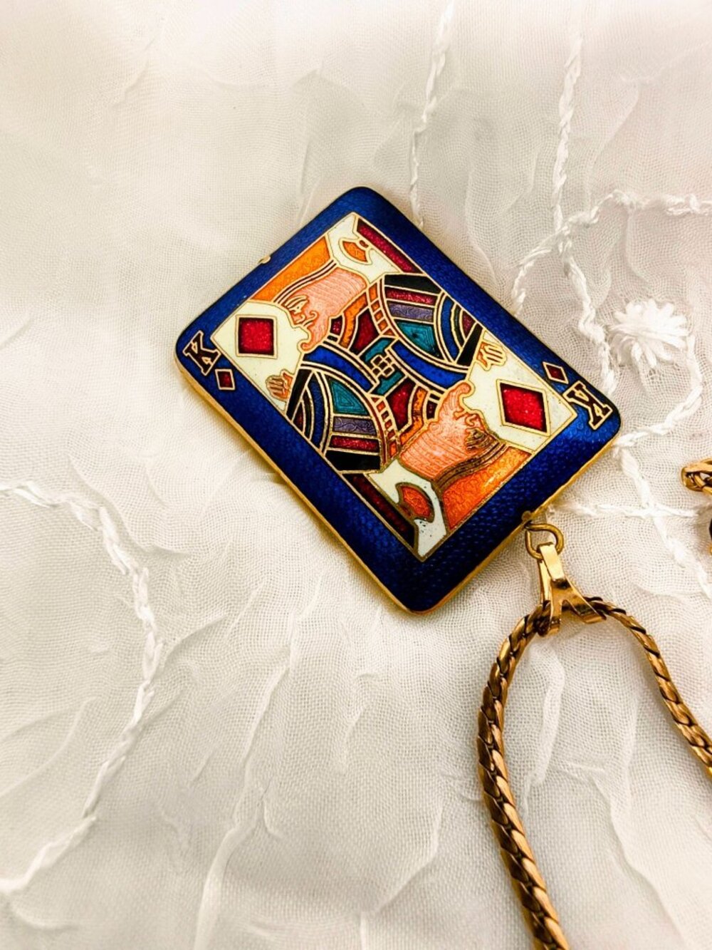 Cloisonne King Of Diamonds puffy Enamel playing card Pendant Necklace Chain - Picture 3 of 7